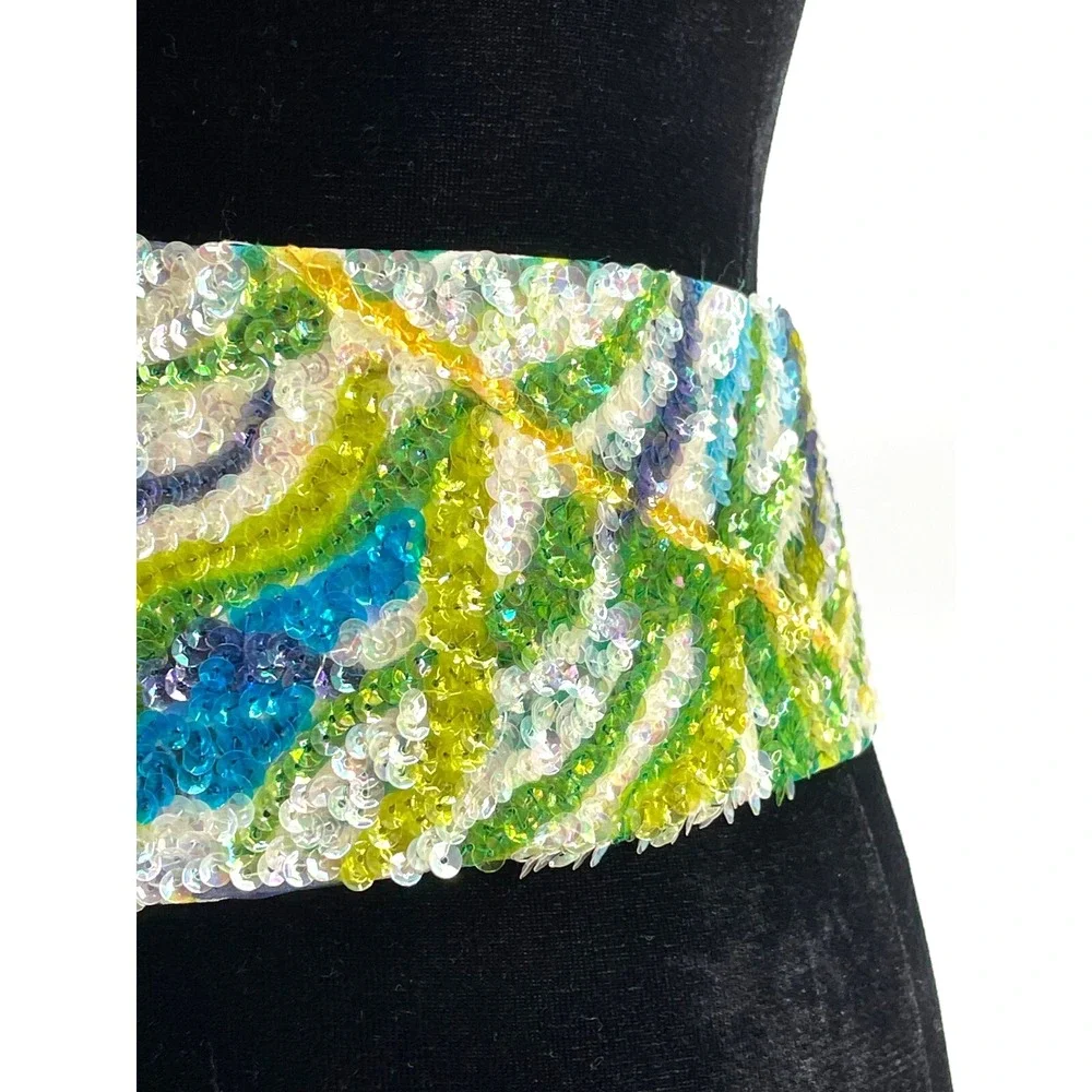 Vintage La Mendola Royal Bird Hand Beaded Blue White Pure Silk Chiffon Belt